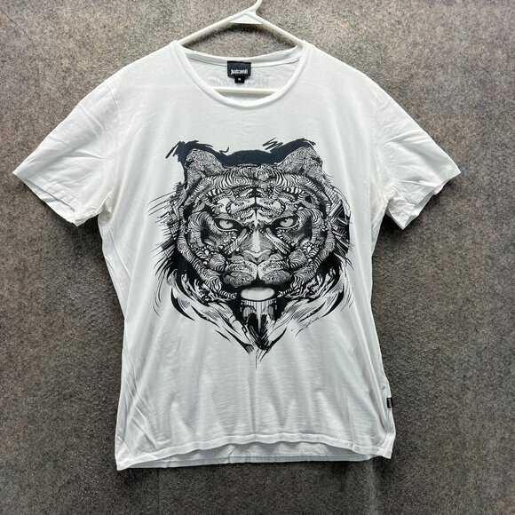 Just Cavalli Graphic Shirt Mens Medium White Black Tiger Print Designer Tee - Picture 1 of 11